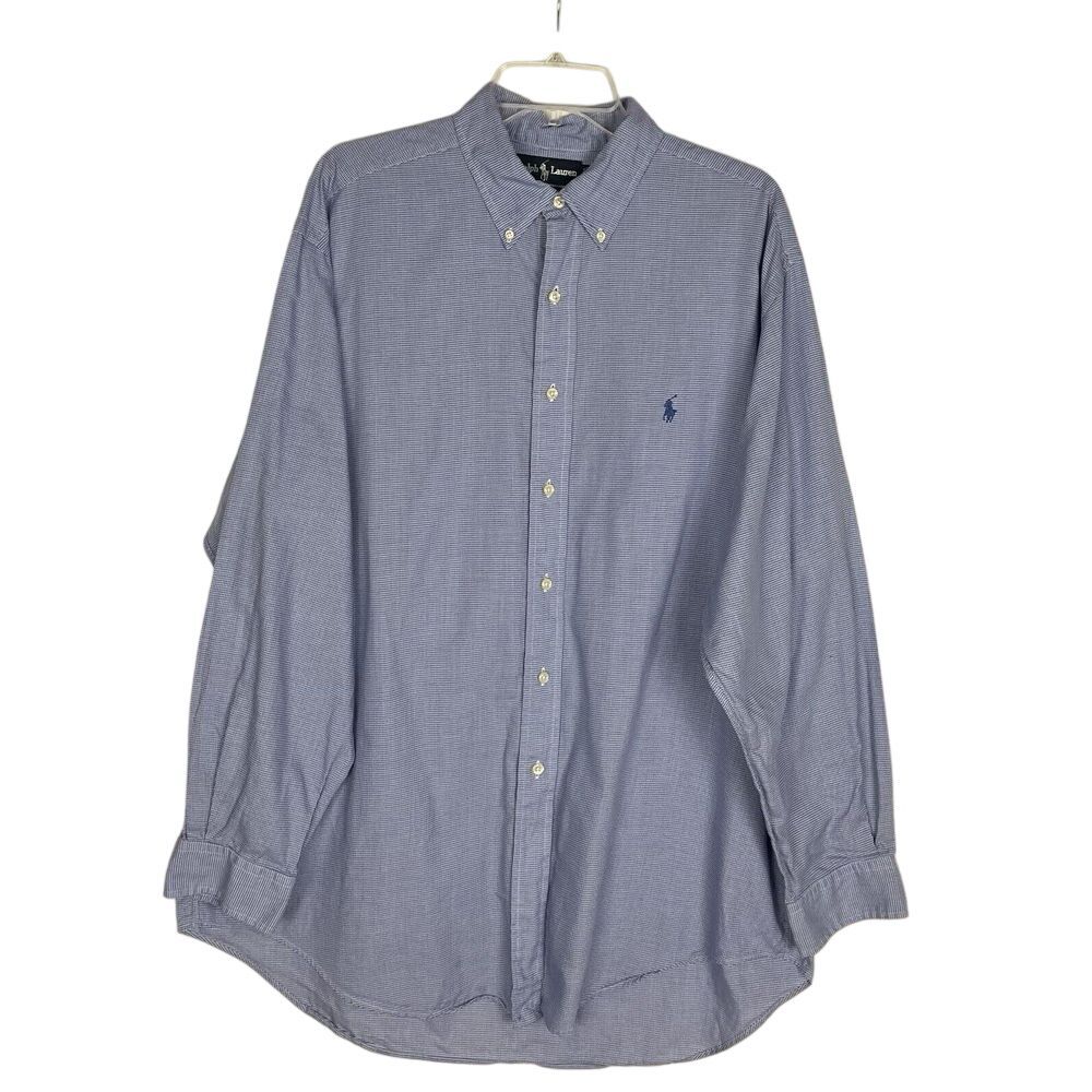 RALPH LAUREN POLO MENS YARMOUTH SHIRT 17 34/35 BLUE WHITE LONG SLEEVE BUTTON